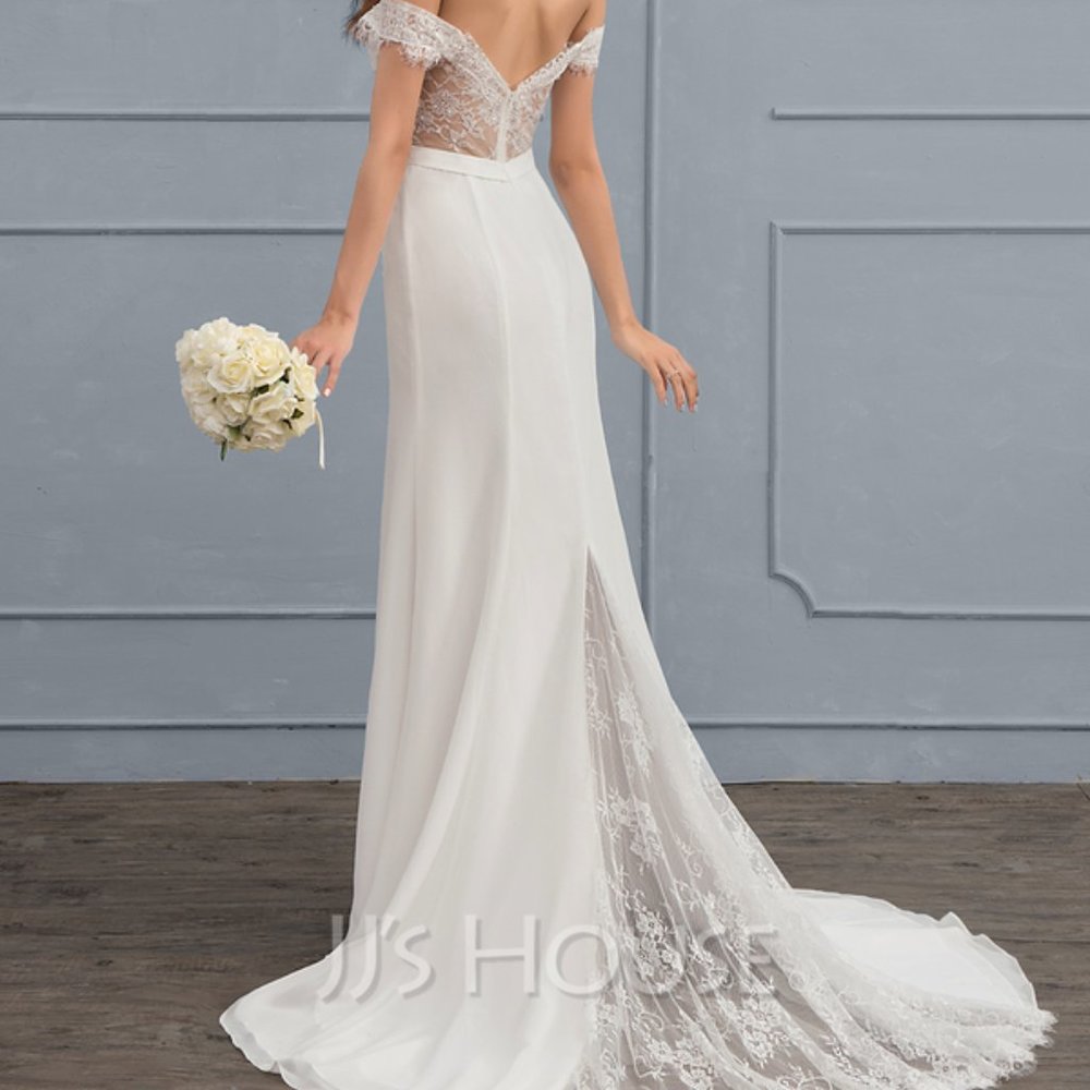 NWT ✨ JJ’s House - Trumpet/Mermaid Court Train Chiffon Lace Wedding Dress - US4